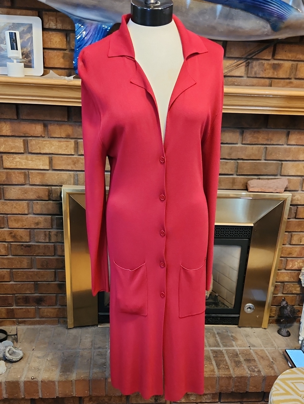 Max Studio Long Button-Front Cardigan XL Ribbed Stretchy Red Holidays Flowy